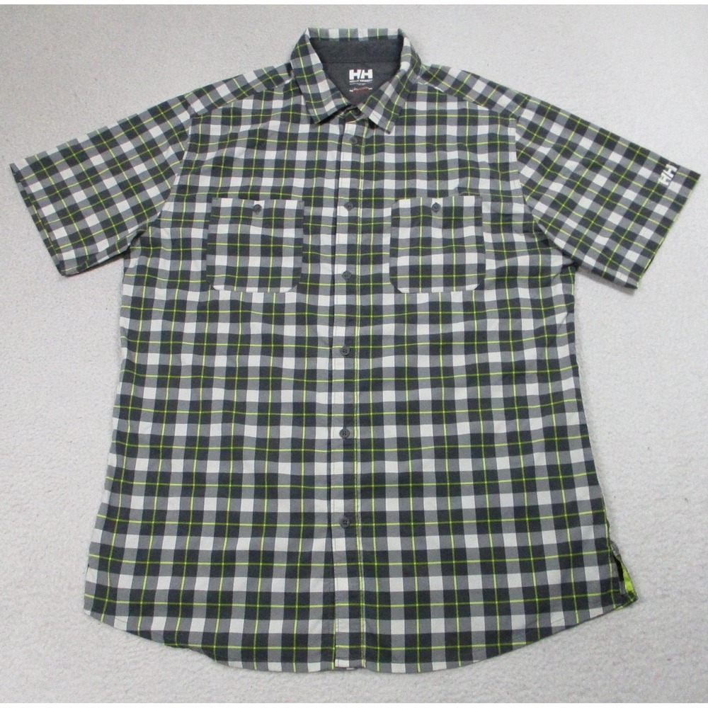 Helly Hansen Shirt Mens XL Green Gray Plaid Short Sleeve Hiking Outdoor Casual‎